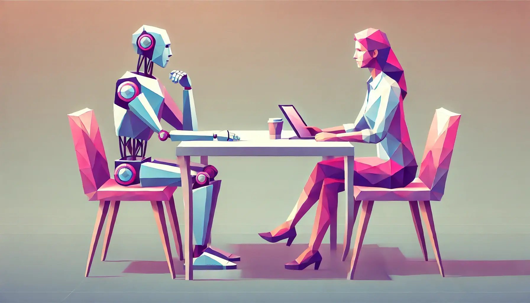 DALL·E 2025-01-31 08.51.51 - A geometric, low-poly style image of a human and a robot sitting across from each other at a table, collaborating on a project. The scene should depic