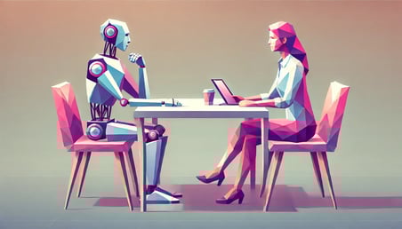 DALL·E 2025-01-31 08.51.51 - A geometric, low-poly style image of a human and a robot sitting across from each other at a table, collaborating on a project. The scene should depic