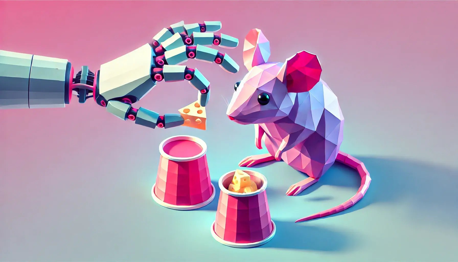 DALL·E 2025-02-04 08.48.30 - A geometric, low-poly style image of a small mouse looking at three cups in a shell game. A robotic hand is lifting one of the cups, revealing a piece