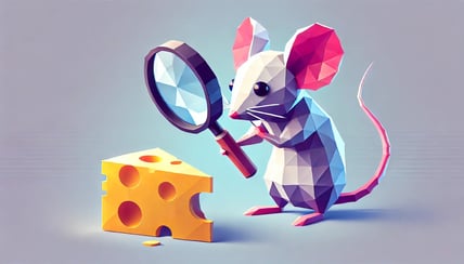 DALL·E 2025-02-06 14.44.12 - A geometric, low-poly style image of a small mouse holding a magnifying glass and carefully examining a piece of cheese. The mouse appears curious and