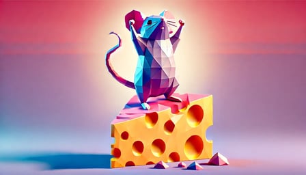 DALL·E 2025-02-06 15.01.48 - A geometric, low-poly style image of a small mouse standing triumphantly on a large piece of cheese with its arms raised in victory. The mouse appears