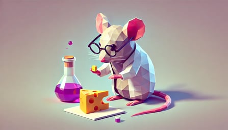 DALL·E 2025-02-06 15.06.31 - A geometric, low-poly style image of a small mouse thoughtfully conducting an experiment on a piece of cheese. The mouse appears focused and analytica