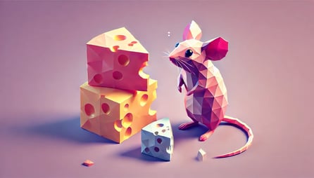 DALL·E 2025-02-06 15.10.11 - A geometric, low-poly style image of a small mouse standing and looking at three pieces of cheese of different sizes. The mouse appears curious and th