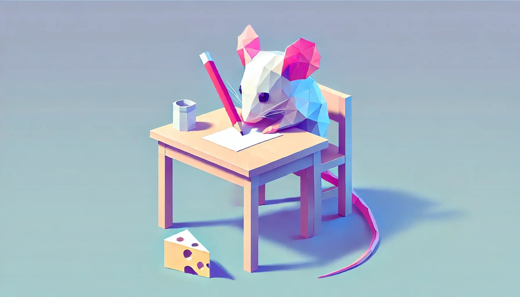 DALL·E 2025-02-14 11.21.53 - A geometric, low-poly style image of a small mouse sitting at a desk, writing thoughtfully. A single piece of cheese sits on the desk next to the mous