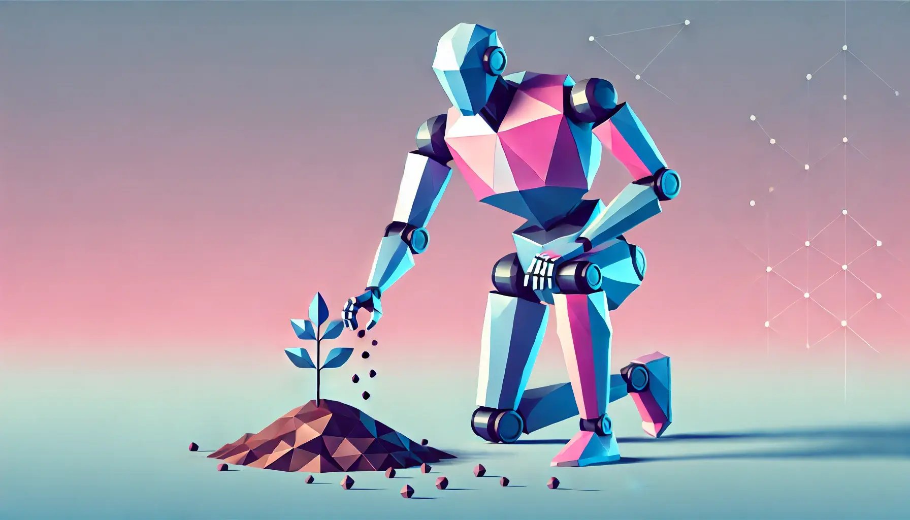 DALL·E 2025-02-18 16.15.07 - A geometric, low-poly style image of a robot planting seeds in the ground, symbolizing growth and progress. The robot should have a sleek, futuristic 