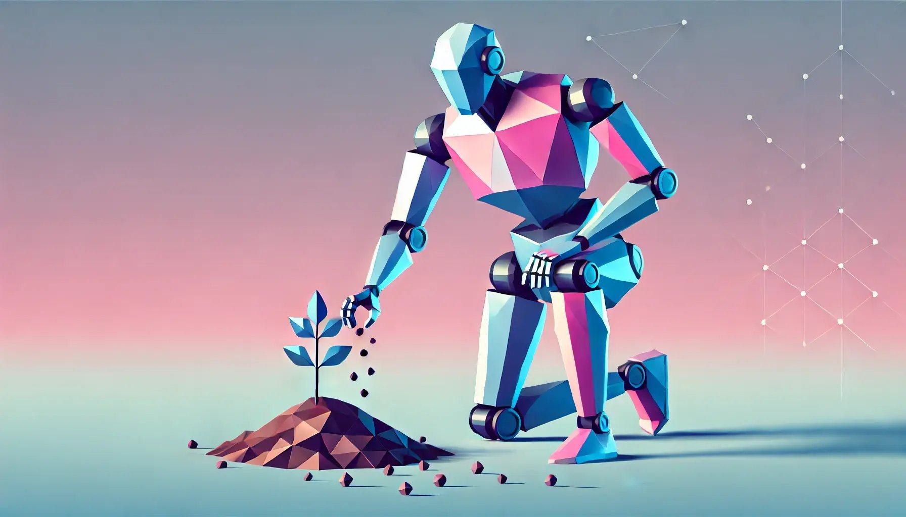 DALL·E 2025-02-18 16.15.07 - A geometric, low-poly style image of a robot planting seeds in the ground, symbolizing growth and progress. The robot should have a sleek, futuristic
