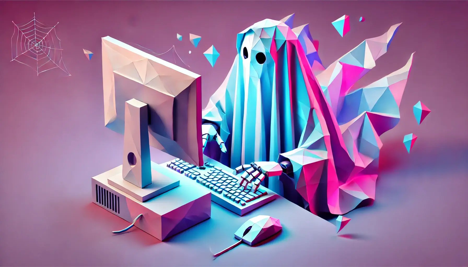 DALL·E 2025-02-26 21.19.45 - A geometric, low-poly style image of a robot dressed like a ghost, wearing a flowing sheet, while typing at a computer. The robot should appear playfu