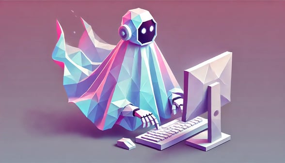 DALL·E 2025-02-26 22.18.42 - A geometric, low-poly style image of a robot dressed as a ghost, wearing a flowing sheet, while typing at a computer. The robot should appear mysterio